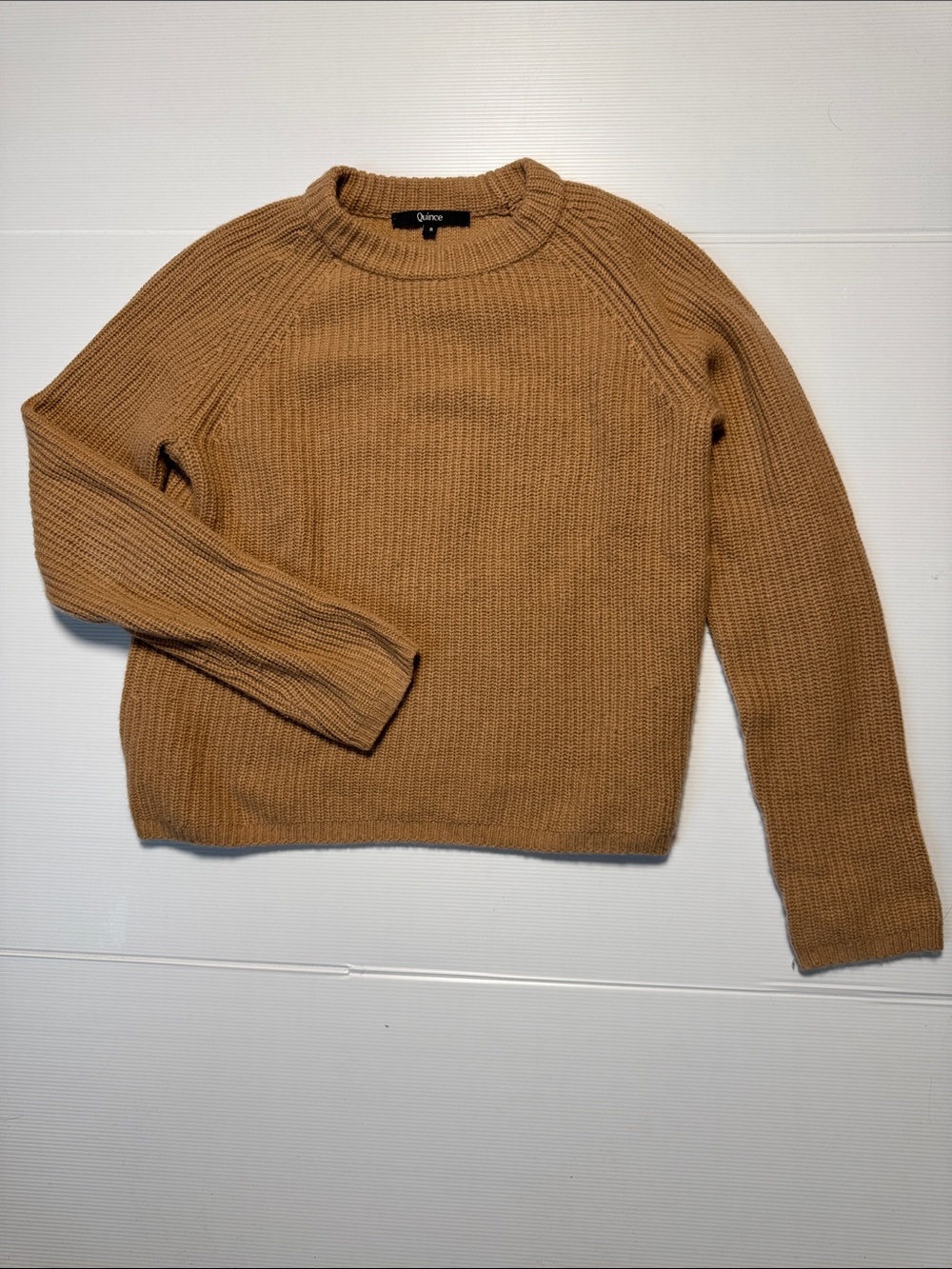 QUINCE Mongolian Cashmere Fisherman Crewneck Sweater Camel Long Sleeve Minimal S